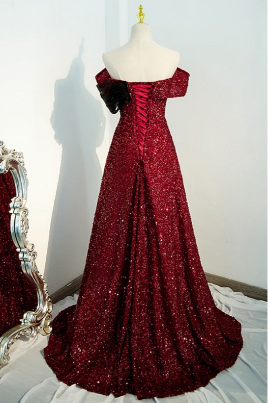 Sequins/Sparkling A-Line Off Shoulder Burgundy Evening Dress With Split Front