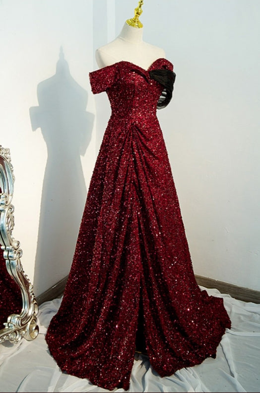 Sequins/Sparkling A-Line Off Shoulder Burgundy Evening Dress With Split Front