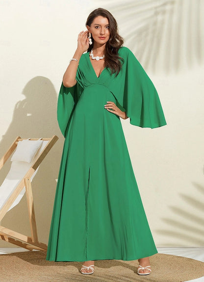 Women's Wedding Guest Dress Maxi Green V-Neck Dolman Sleeve Cape Dress