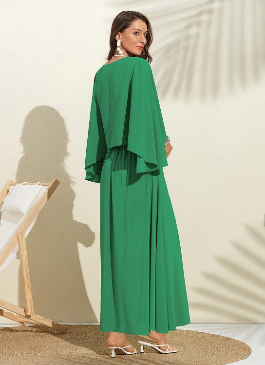 Women's Wedding Guest Dress Maxi Green V-Neck Dolman Sleeve Cape Dress