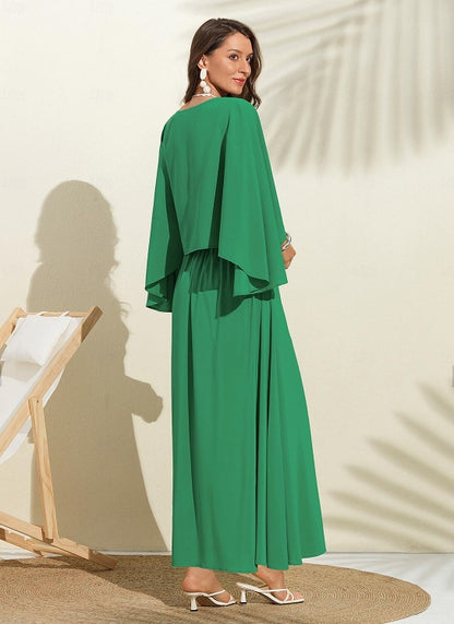 Women's Wedding Guest Dress Maxi Green V-Neck Dolman Sleeve Cape Dress