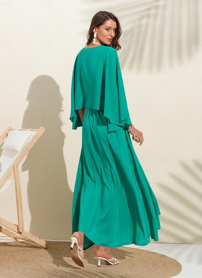 Women's Wedding Guest Dress Maxi Green V-Neck Dolman Sleeve Cape Dress