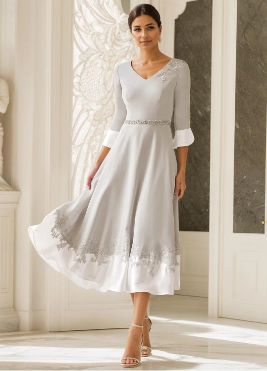 A-Line Mother of the Bride Dress Church Elegant V Neck Tea Length Half Sleeve with Appliques