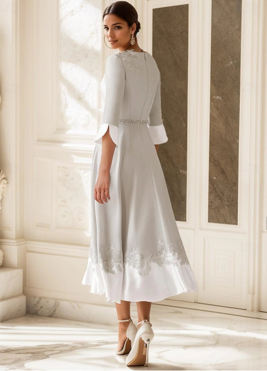 A-Line Mother of the Bride Dress Church Elegant V Neck Tea Length Half Sleeve with Appliques