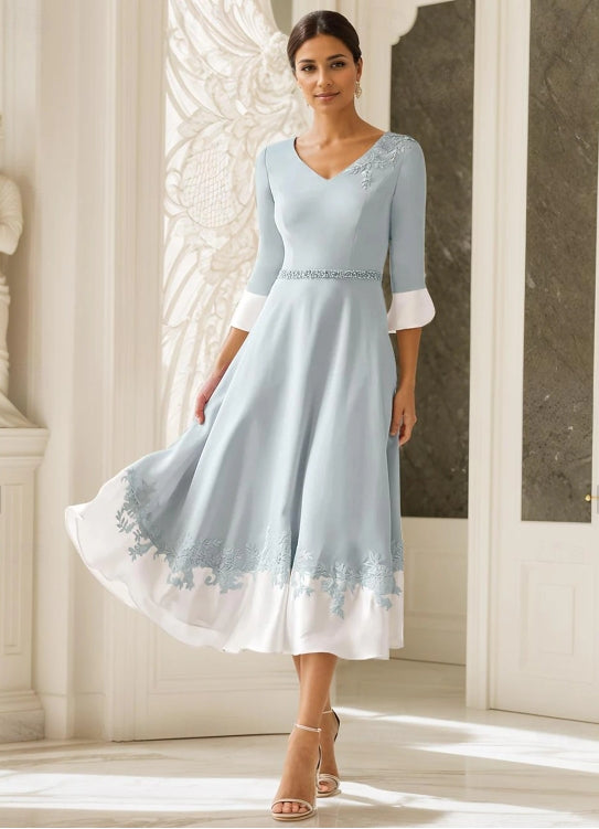 A-Line Mother of the Bride Dress Church Elegant V Neck Tea Length Half Sleeve with Appliques