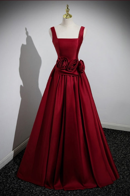 A-Line Square Neck Satin Long Evening Dress Burgundy Prom Dress