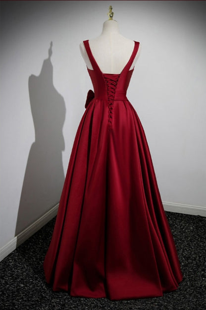 A-Line Square Neck Satin Long Evening Dress Burgundy Prom Dress