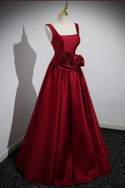 A-Line Square Neck Satin Long Evening Dress Burgundy Prom Dress