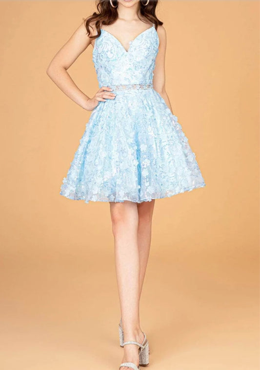 Cute A-Line Baby Blue V-Neck Floral Appliqued Cocktail Dress