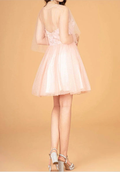 A-Line Tulle Homecoming Dress Sheer Mini Cape Cocktail Dress