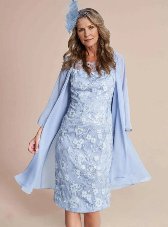 Two Piece Mother of the Bride Dress Wedding Guest Church Elegant Jewel Knee Length Lace Stretch Chiffon 3/4 Sleeve Lace Jacket Dresses