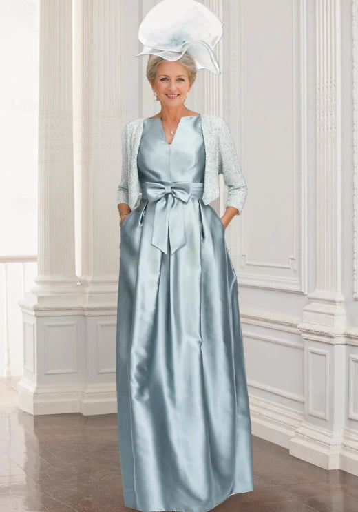 A-Line Formal Mother of the Bride Dress Glitter V-Neck Floor Length Satin Sequins 3/4 Sleeve with Bow(s)