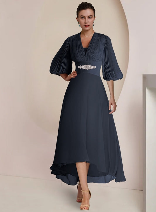 A-Line Formal Mother of the Bride Dress Wedding Guest Elegant Vintage V-Neck with Pleated Crystal Details