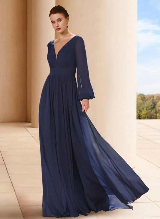 A-Line Mother of the Bride Elegant V-Neck Floor Length Chiffon Long Sleeve with Ruching