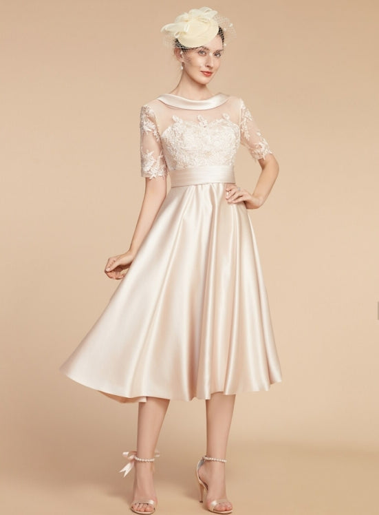 A-Line Mother of the Bride Wedding Guest Dress Round Neck Knee Length Satin Lace Half Sleeve with Appliques Ruched