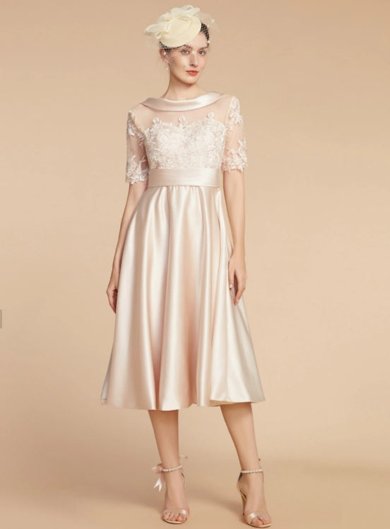 A-Line Mother of the Bride Wedding Guest Dress Round Neck Knee Length Satin Lace Half Sleeve with Appliques Ruched