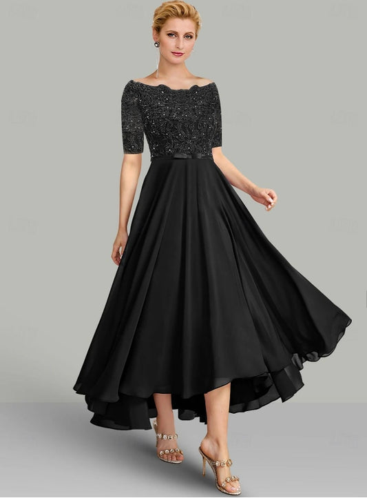 A-Line Elegant Mother of the Bride Dress Off-the-Shoulder Asymmetrical Chiffon Lace Half Sleeve with Lace