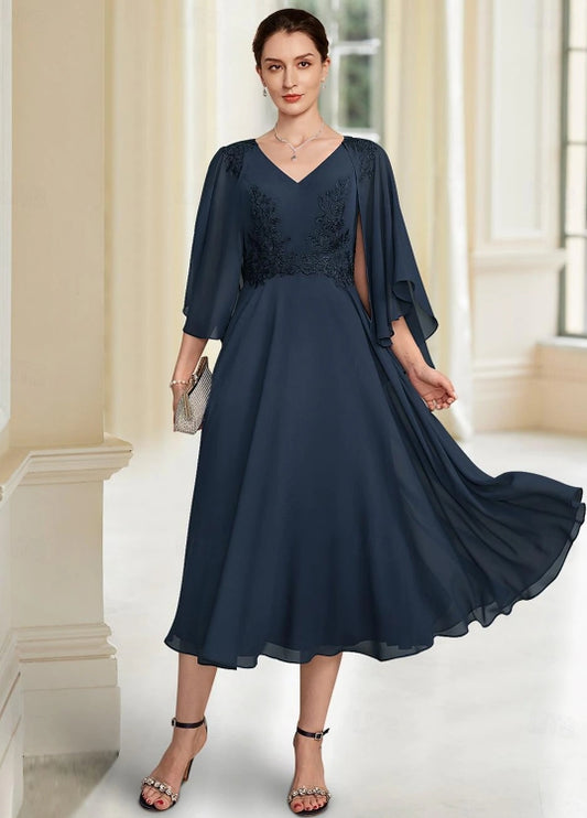 A-Line Mother of the Bride Dress V-Neck Chiffon 3/4 Sleeve with Lace