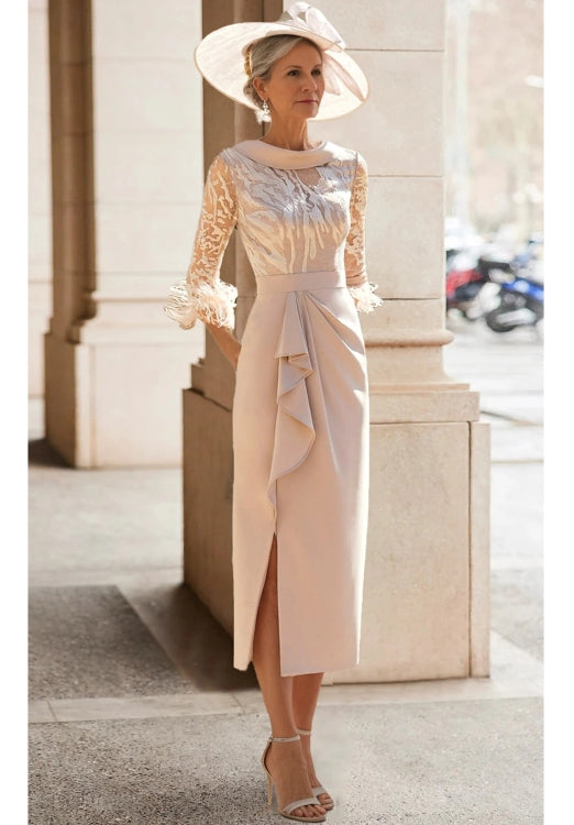 Sheath / Column Mother of the Bride Dress High Neck 3/4 Sleeve with Feather Lace