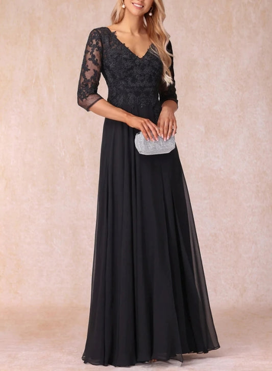 A-Line Mother of the Bride Wedding Guest Dress Elegant V-Neck Floor Length Chiffon Lace 3/4 Sleeve with Ruching