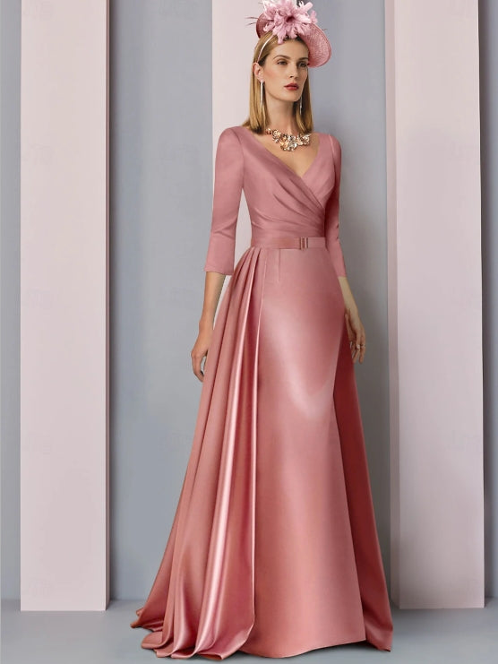 A-Line Elegant Mother of the Bride Dress Satin Court Train 3/4 Sleeve with Ruched Pleated