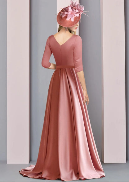 A-Line Elegant Mother of the Bride Dress Satin Court Train 3/4 Sleeve with Ruched Pleated