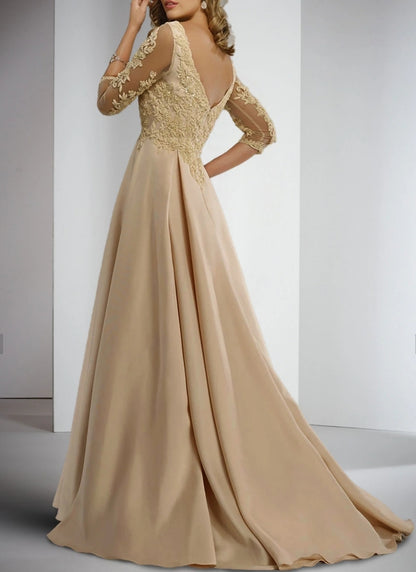 Sheath / Column Formal Mother of the Bride Wedding Guest Dress Floor Length Satin Lace 3/4 Sleeve with Appliques