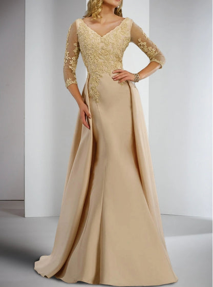 Sheath / Column Formal Mother of the Bride Wedding Guest Dress Floor Length Satin Lace 3/4 Sleeve with Appliques