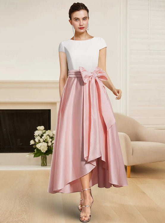 A-Line Mother of the Bride Asymmetrical Wedding Guest Dress Satin Short Sleeve with Ribbon / Bow