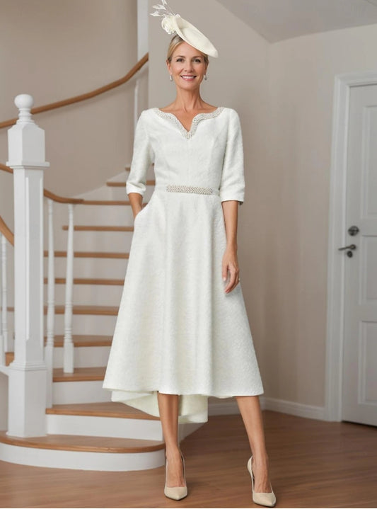 A-Line Mother of the Bride Wedding Guest Dress Asymmetrical V-Neck Midi Polyester 3/4 Sleeve Dress