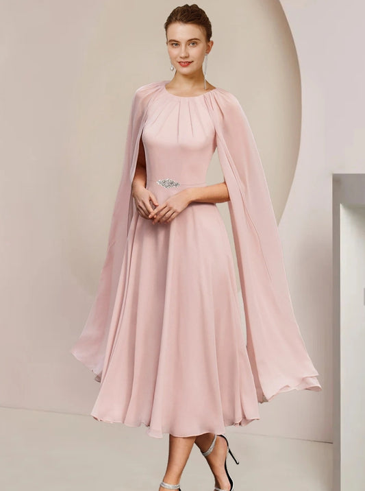 Mother of the Bride Wedding Guest Dress Elegant  Round Neck Chiffon Sleeveless with Pleated Crystal Clasp