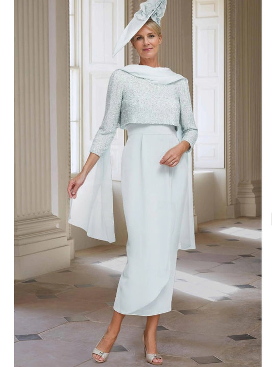 Sheath / Column Mother of the Bride Dress Elegant Jewel Chiffon 3/4 Sleeve