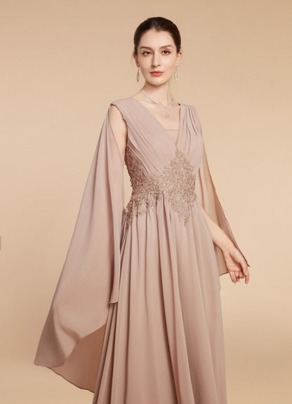 A-Line Mother of the Bride Wedding Guest Dress Elegant V-Neck Chiffon Lace Sleeveless with Ruching