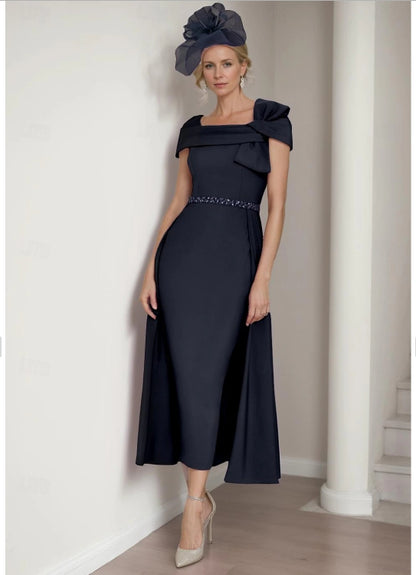 Sheath / Column Formal Mother of the Bride Wedding Guest Dress Elegant Square Neckline with Bow(s) Ruffle Solid Color