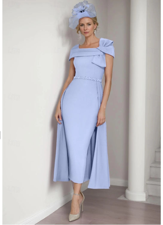 Sheath / Column Formal Mother of the Bride Wedding Guest Dress Elegant Square Neckline with Bow(s) Ruffle Solid Color