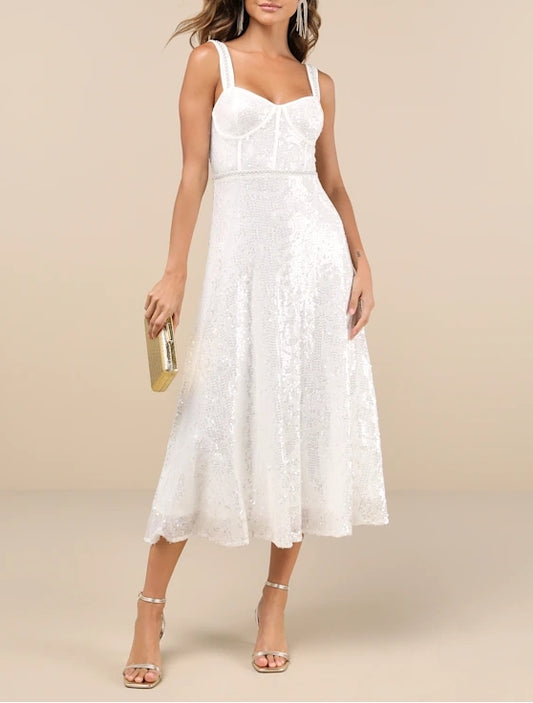 White Sequin Pearl Bustier A-Line Midi Dress Cocktail Dresses