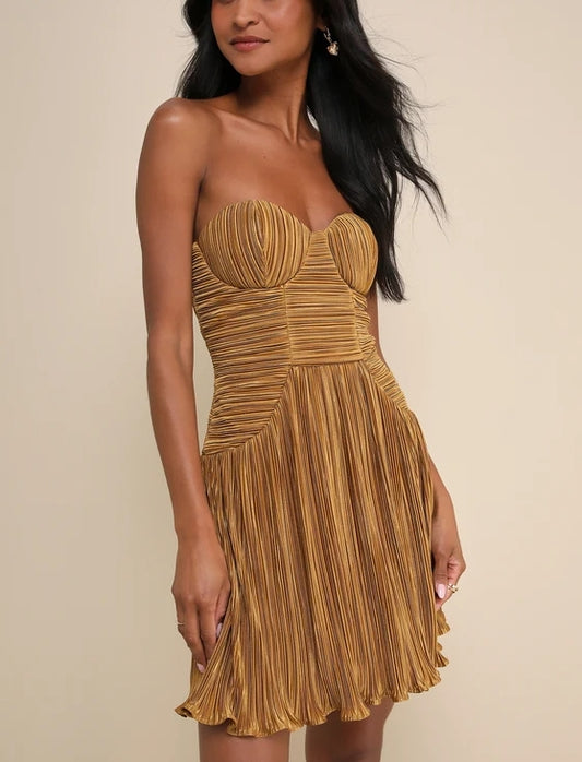 Cute A-Line Gold Strapless Drop Waist Mini Dress Cocktail Dresses