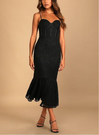 Spaghetti Strap Black Lace Sleeveless Trumpet Midi Dress Cocktail Dresses