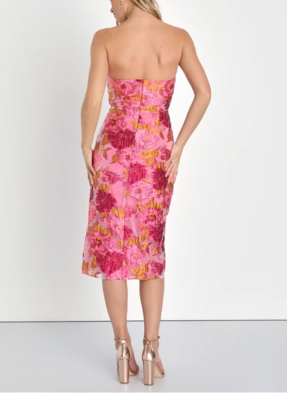 Event Pink Jacquard Strapless Bustier Midi Dress Cocktail Dresses With Slit