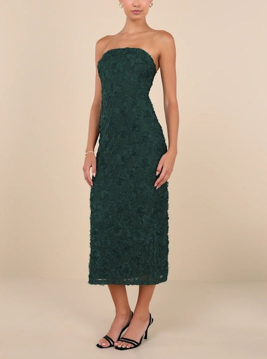 Emerald Floral Applique Strapless Bodycon Midi Dress Cocktail Dresses