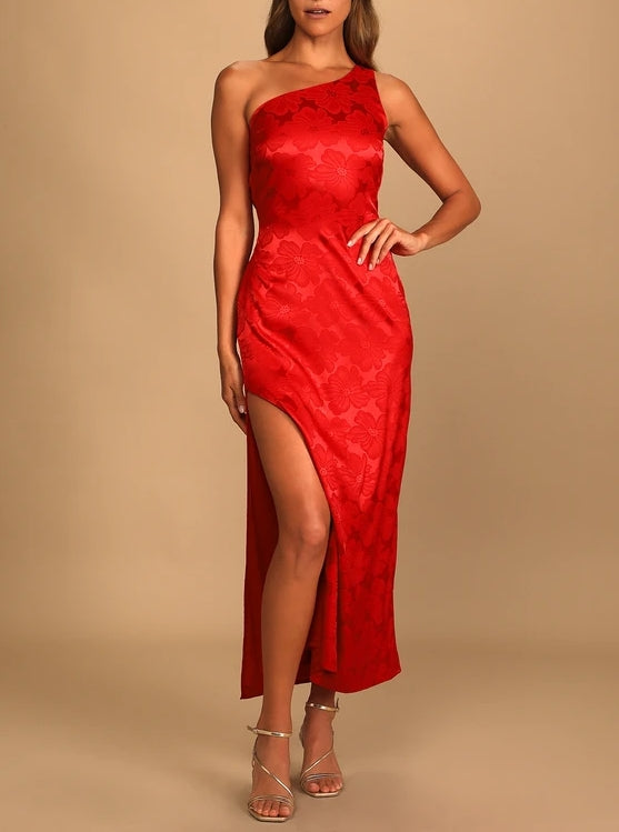 Red Satin Jacquard One-Shoulder Maxi Dress Jacquard Cocktail Dresses