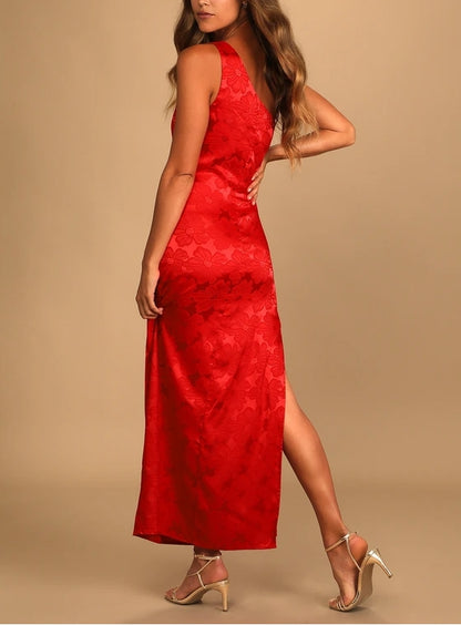 Red Satin Jacquard One-Shoulder Maxi Dress Jacquard Cocktail Dresses