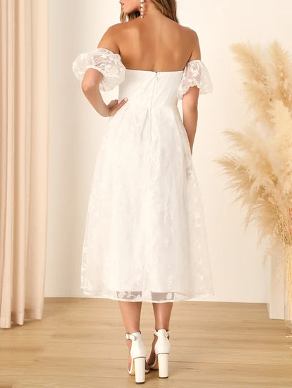 A-Line Princess White Burnout Floral Bustier Midi Dress Sweetheart Cocktail Dresses