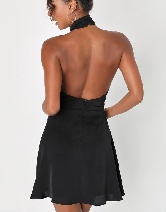 A-Line Black Satin Sleeveless Halter Mini Dress Backless Cocktail Dresses