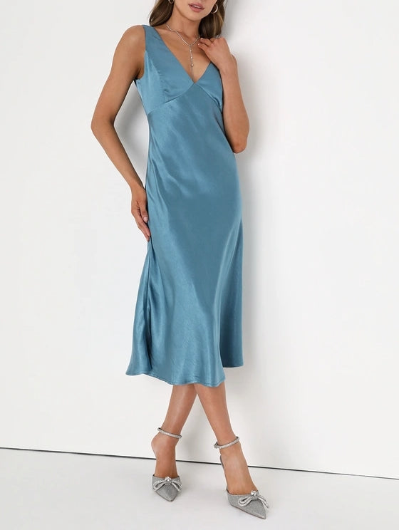 Slate Blue Satin Cowl Back Midi Slip Dress Deep V-Neck Cocktail Dresses