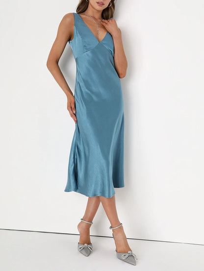 Slate Blue Satin Cowl Back Midi Slip Dress Deep V-Neck Cocktail Dresses