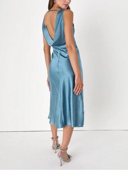 Slate Blue Satin Cowl Back Midi Slip Dress Deep V-Neck Cocktail Dresses