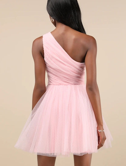 Cute A-Line Light Pink Swiss Dot One-Shoulder Mini Homecoming Dress Cocktail Dresses