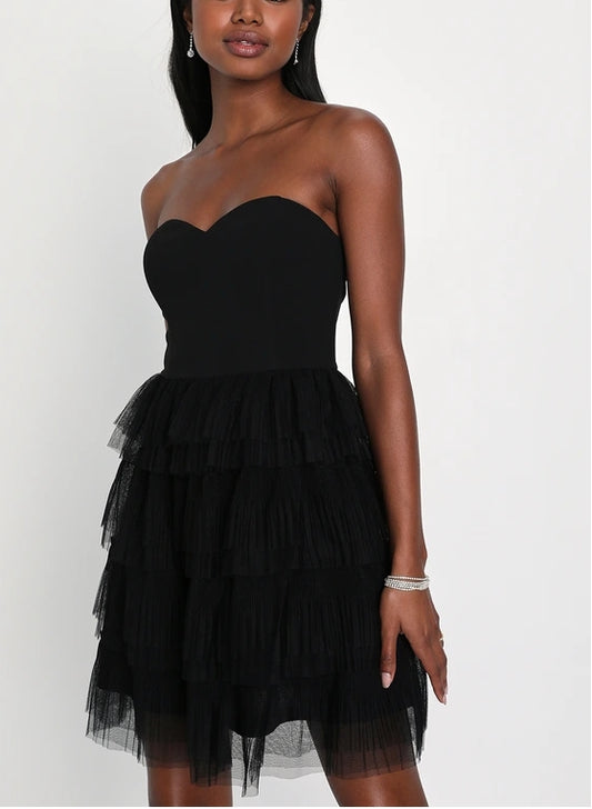 Cute A-Line Black Tulle Strapless Ruffle Tiered Mini Dress Cocktail Dresses