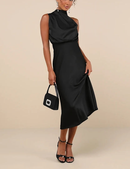 Black Satin Halterneck Asymmetrical Midi Dress Cocktail Dresses